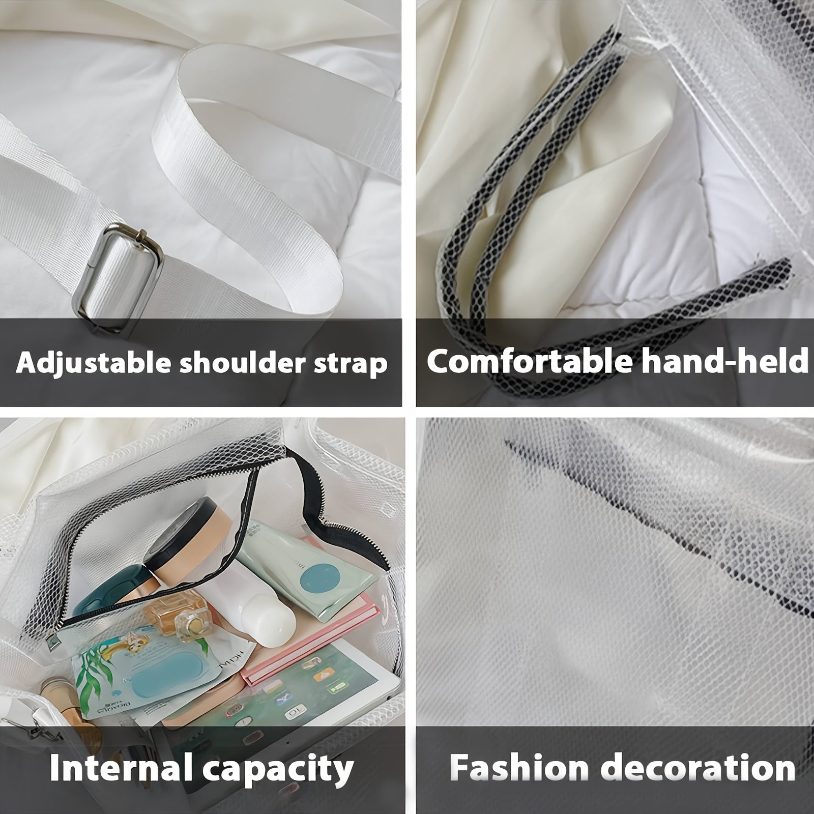 Stylish Transparent PVC Tote Bag with Crystal Detail – White Mesh Shoulder Handbag for Beach, Travel, and City Outings, City Shoulder Bag | Modern Handbag | Detachable Strap Bag