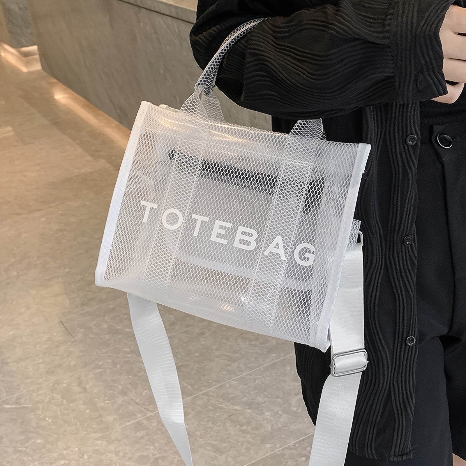 Stylish Transparent PVC Tote Bag with Crystal Detail – White Mesh Shoulder Handbag for Beach, Travel, and City Outings, City Shoulder Bag | Modern Handbag | Detachable Strap Bag
