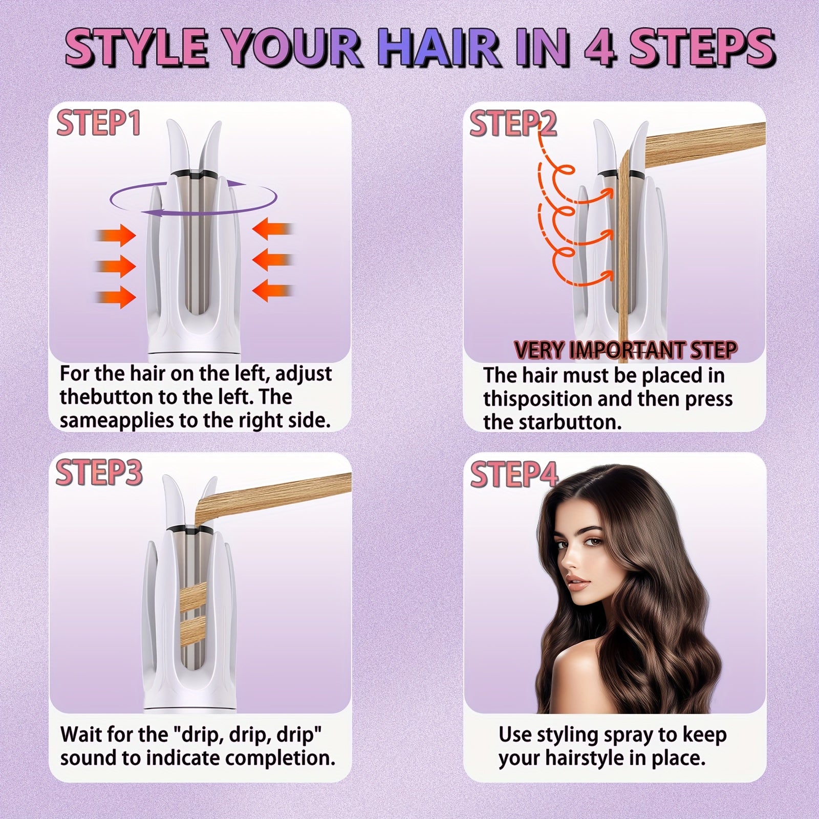 Auto Hair Curler with Rotation, 4 Heat Settings (300°-410°F) for All Hair Types, Automatic Curling Iron with Anti-Scald Shell & Dual Rotation for Beach Waves & Spiral Curls
