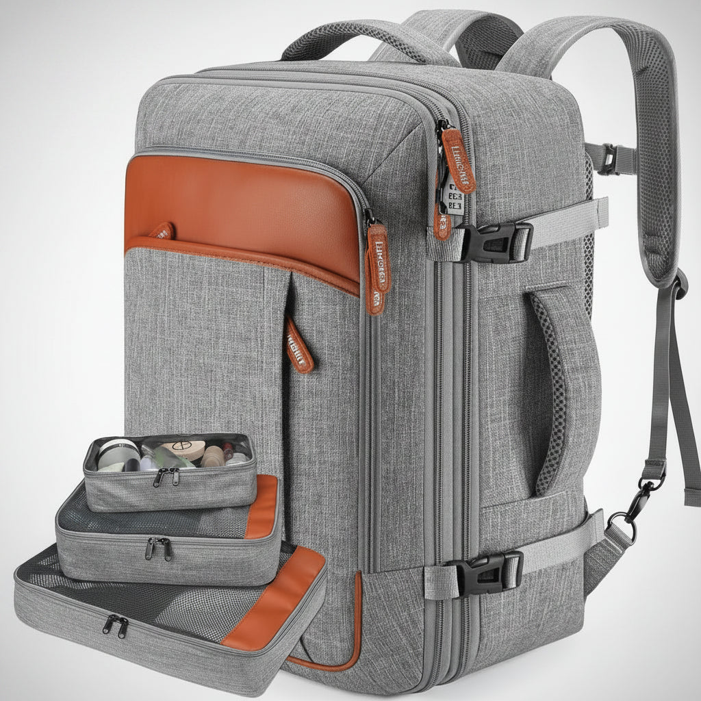 Osmika Gray backpack with orange accents and open compartments