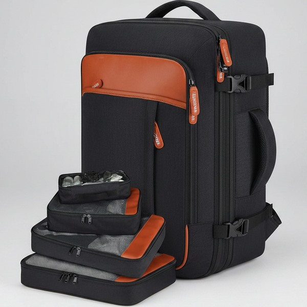 Osmika Black and orange travel backpack with packing cubes