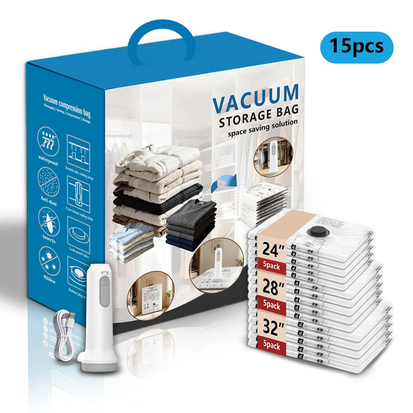 Vacuum Storage Bags with Wireless Pump – 15-Pack