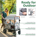 Woman pushing a stroller with outdoor setting and product features highlighted.