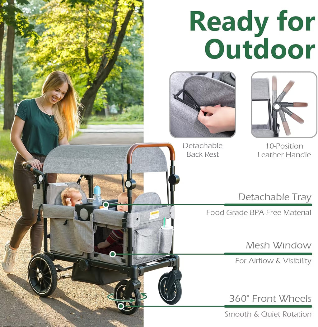 Woman pushing a stroller with outdoor setting and product features highlighted.