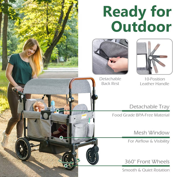 Woman pushing a stroller with outdoor setting and product features highlighted.