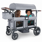 Double stroller with two children sitting inside on a white background