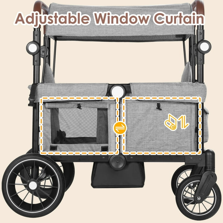 Stroller with adjustable window curtain feature on a beige background