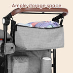 Stroller organizer with ample storage space on a beige background