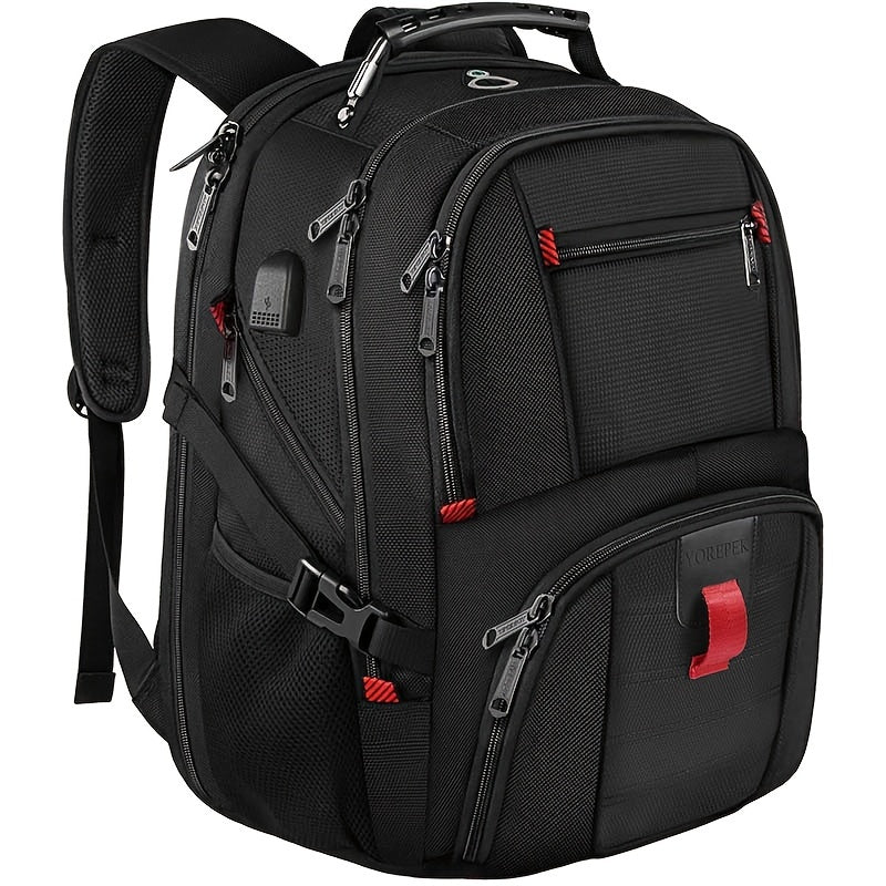 Black backpack with red accents on a white background