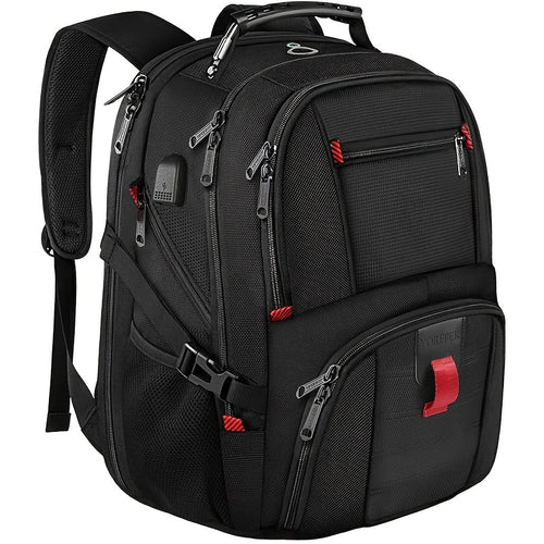 Black backpack with red accents on a white background