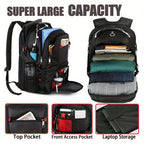 Black backpack with multiple compartments and storage options on a white background.