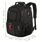 Black backpack with red accents and measurements on a white background