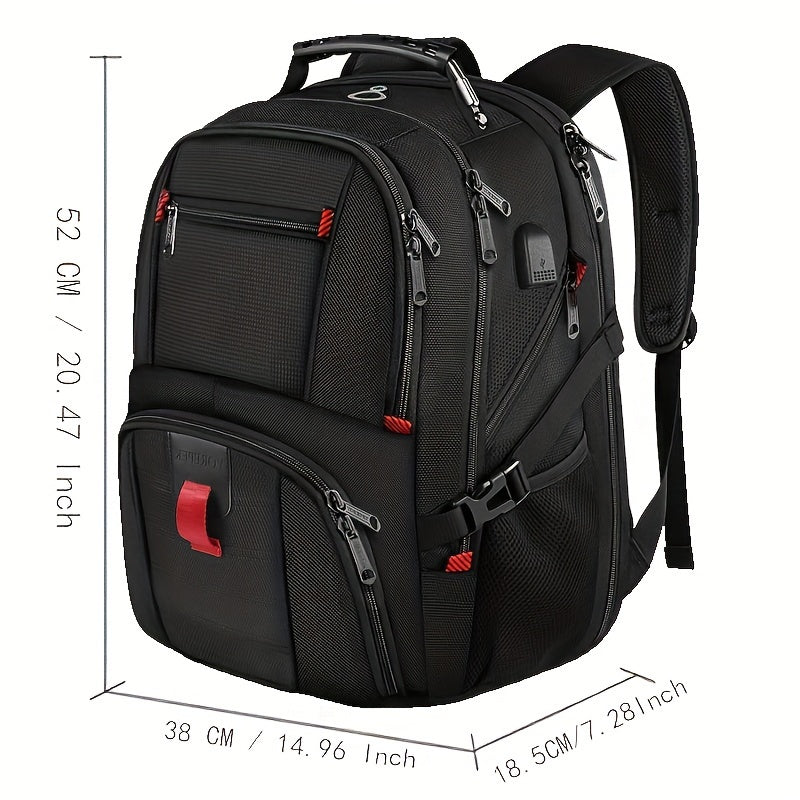 Black backpack with red accents and measurements on a white background
