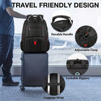 Black travel backpack with features highlighted, including durable handle, adjustable clasp, lockable zippers, and luggage strap, with a person and suitcase in the background.