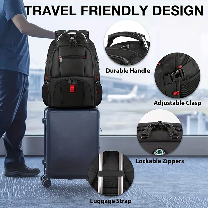 Black travel backpack with features highlighted, including durable handle, adjustable clasp, lockable zippers, and luggage strap, with a person and suitcase in the background.