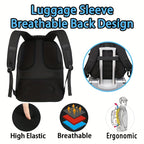 Black luggage sleeve with ergonomic design features on a white background