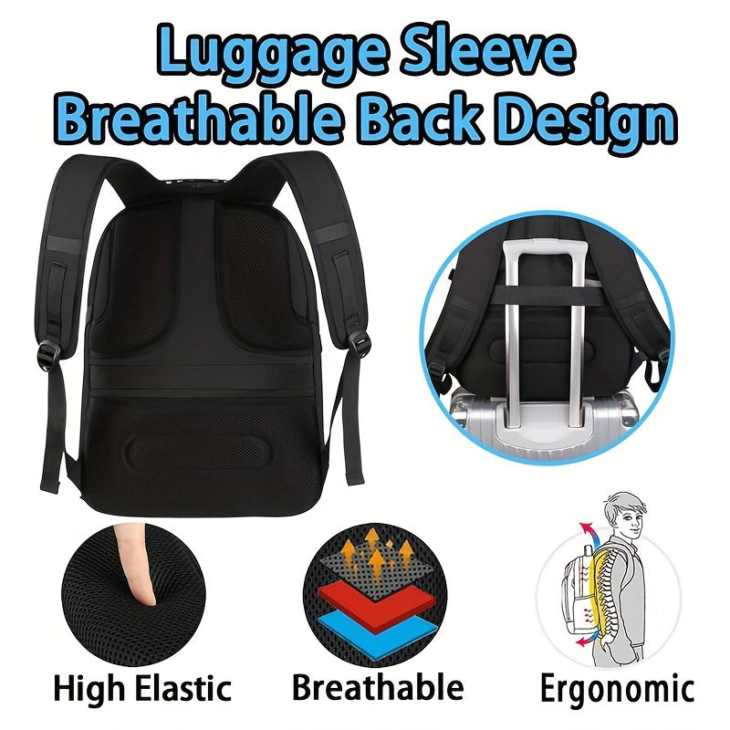 Black luggage sleeve with ergonomic design features on a white background