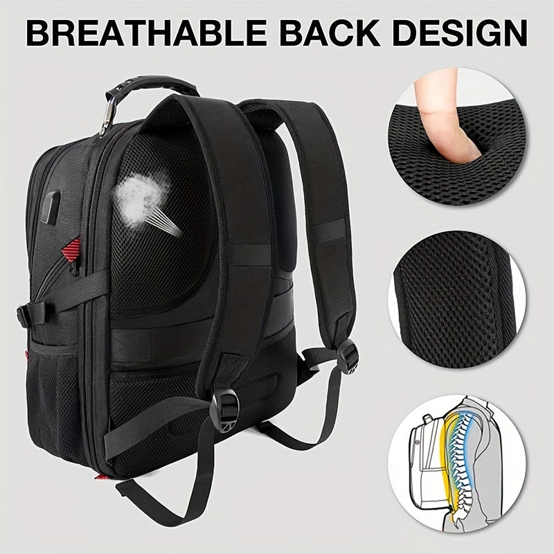 Black backpack with breathable back design features on a gray background