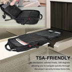 Black TSA-friendly travel bag being unfolded on a floor with text highlighting its features.