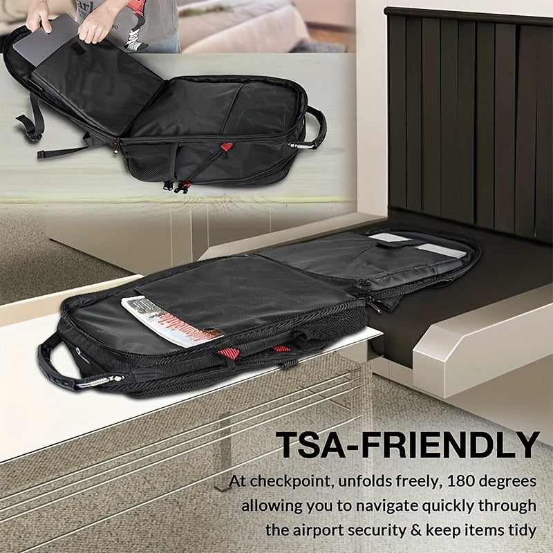 Black TSA-friendly travel bag being unfolded on a floor with text highlighting its features.
