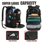 Black backpack with compartments labeled 'Top Pocket' and 'Laptop Storage', showing its large capacity.