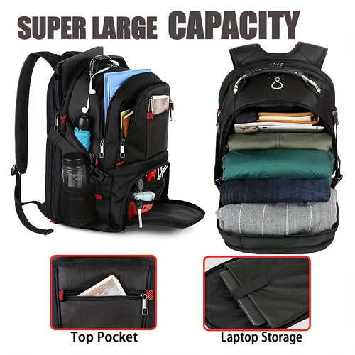 Black backpack with compartments labeled 'Top Pocket' and 'Laptop Storage', showing its large capacity.