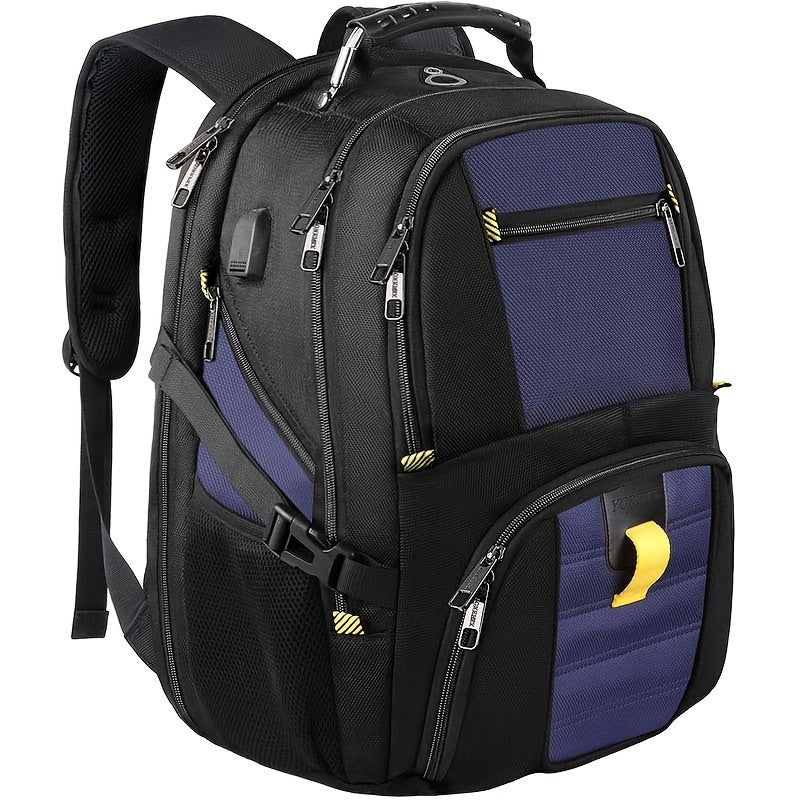 Black and blue backpack with multiple compartments on a white background