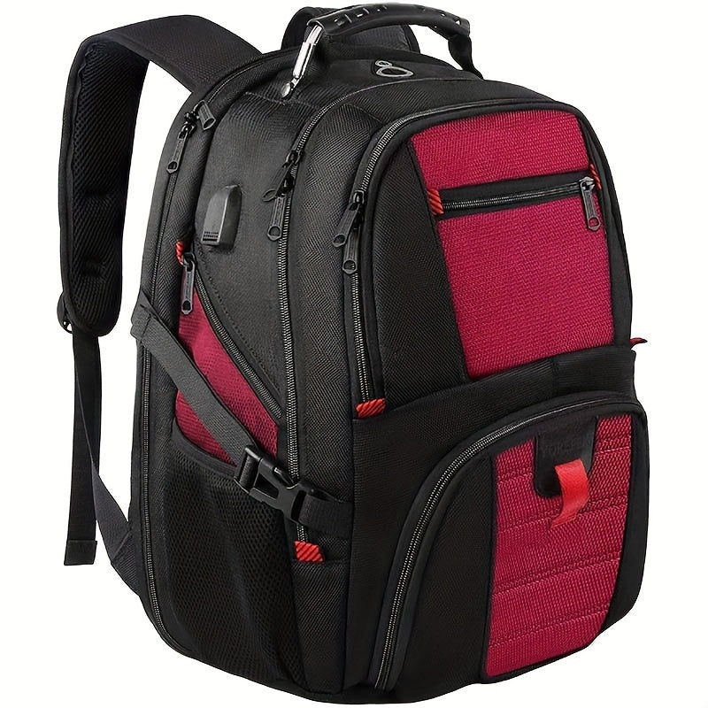 Black and red backpack on a white background
