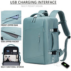 Blue backpack with USB charging interface and multiple pockets on a white background