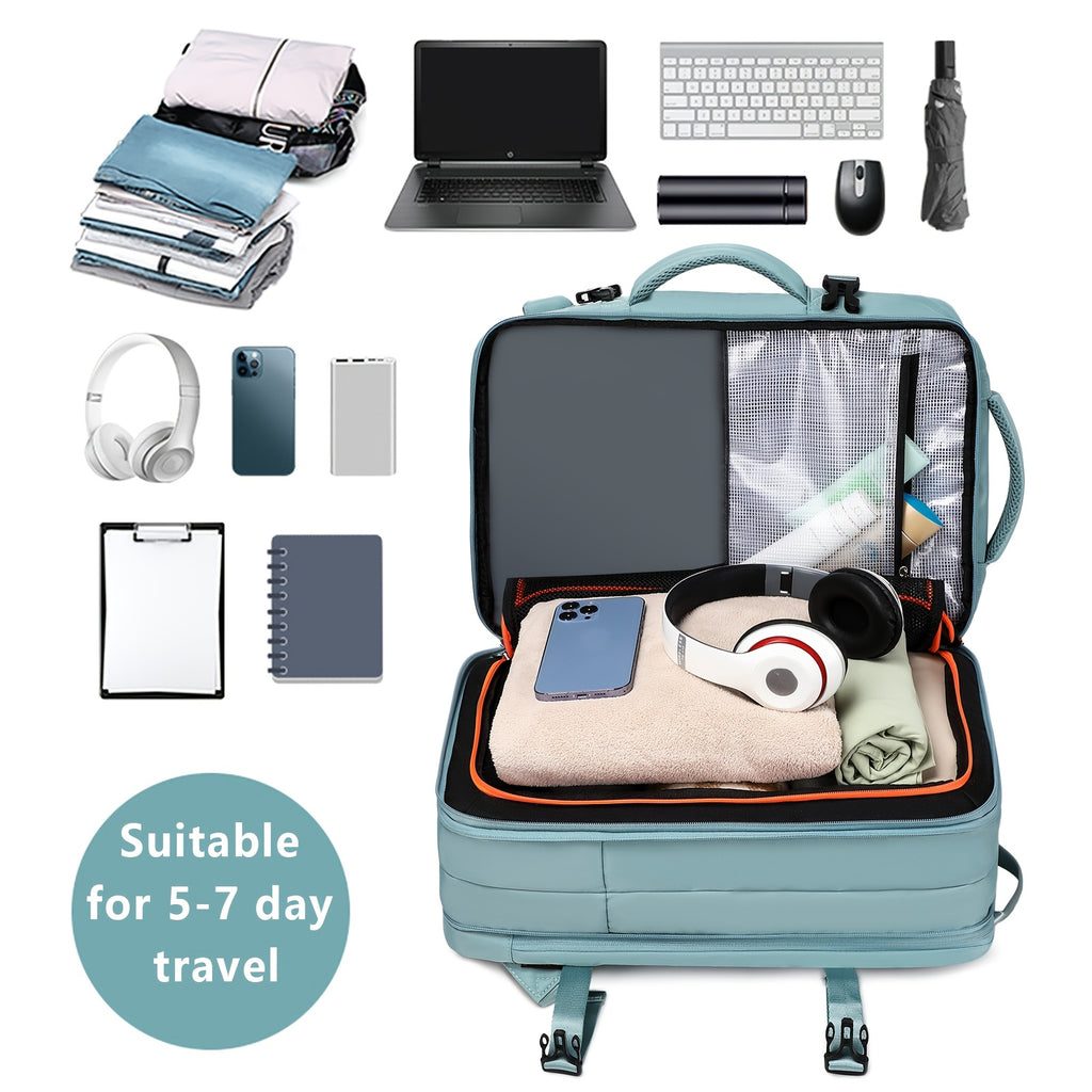 Light blue backpack with travel items arranged on a white background