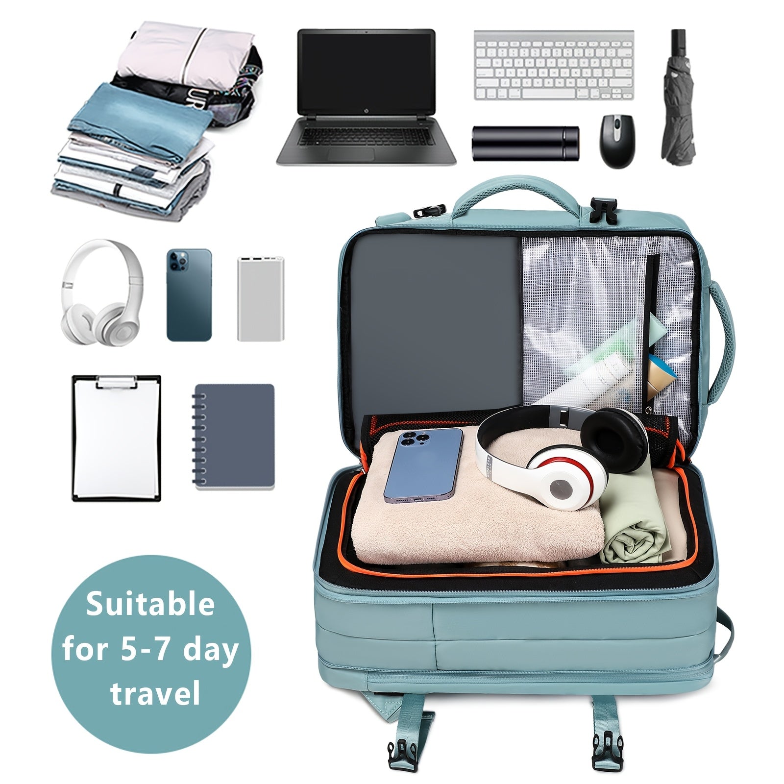 Light blue backpack with travel items arranged on a white background