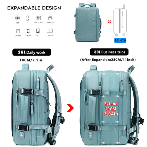 Expandable backpack with different volume options and features on a white background
