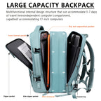 Light blue backpack with features highlighted on a white background