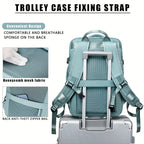 Light blue backpack with trolley case fixing strap on a white background