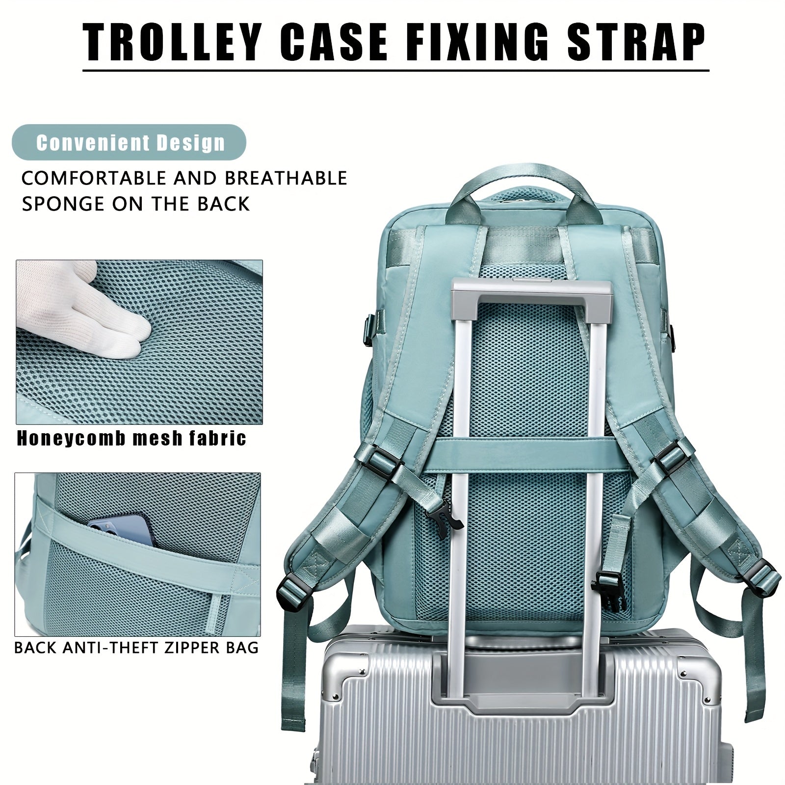 Light blue backpack with trolley case fixing strap on a white background