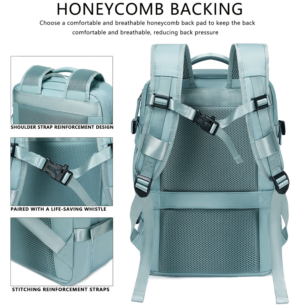 Backpack with honeycomb backing and shoulder strap reinforcement design on a white background