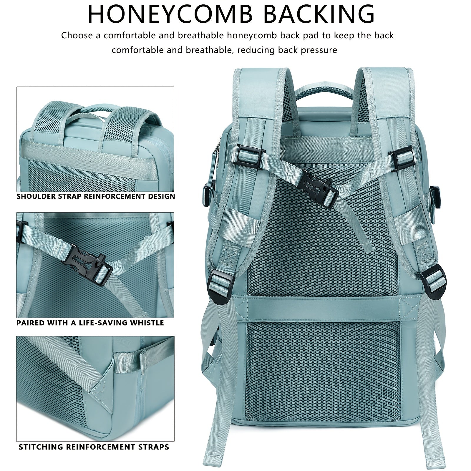 Backpack with honeycomb backing and shoulder strap reinforcement design on a white background