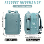 Light blue backpack with dimensions and capacity information on a white background
