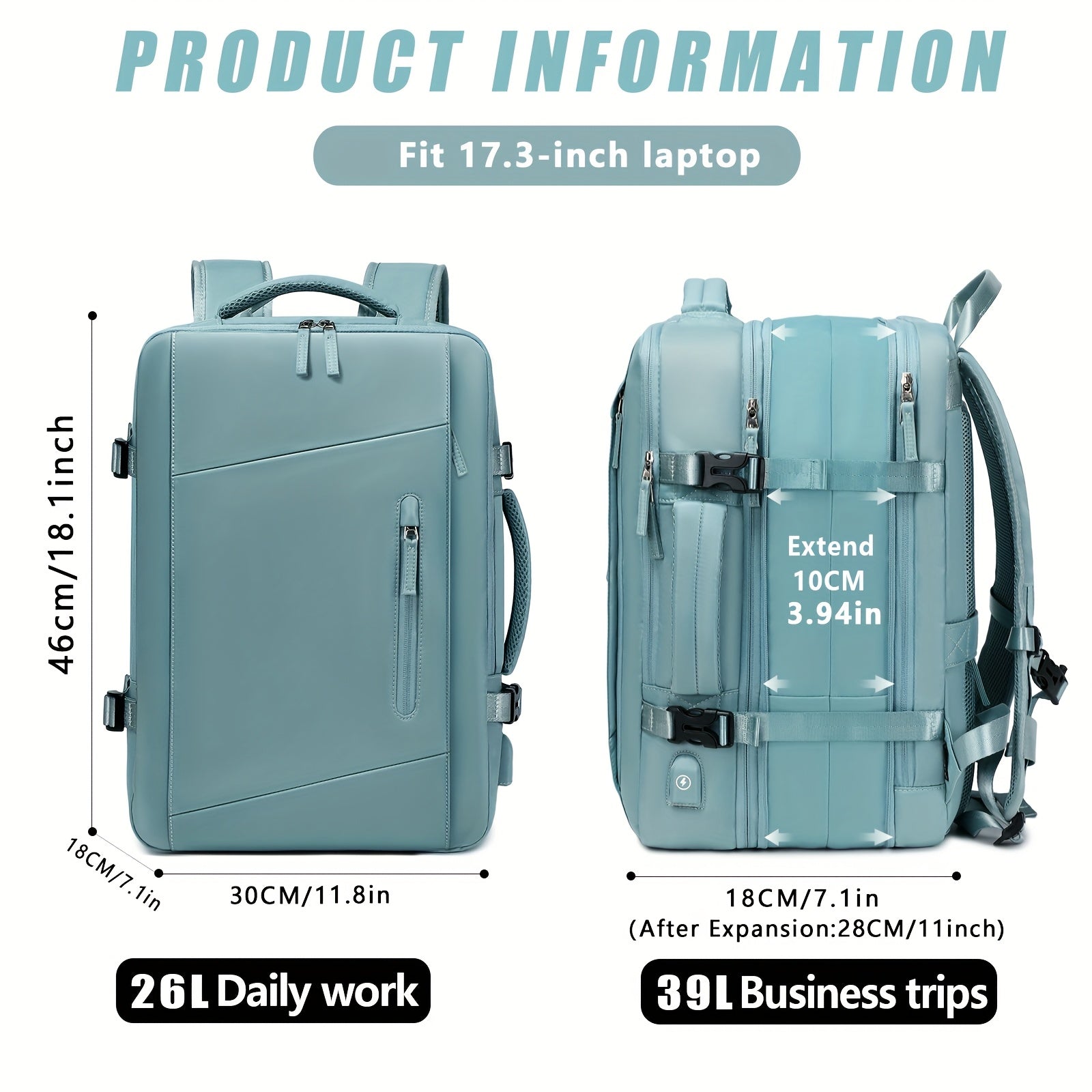 Light blue backpack with dimensions and capacity information on a white background
