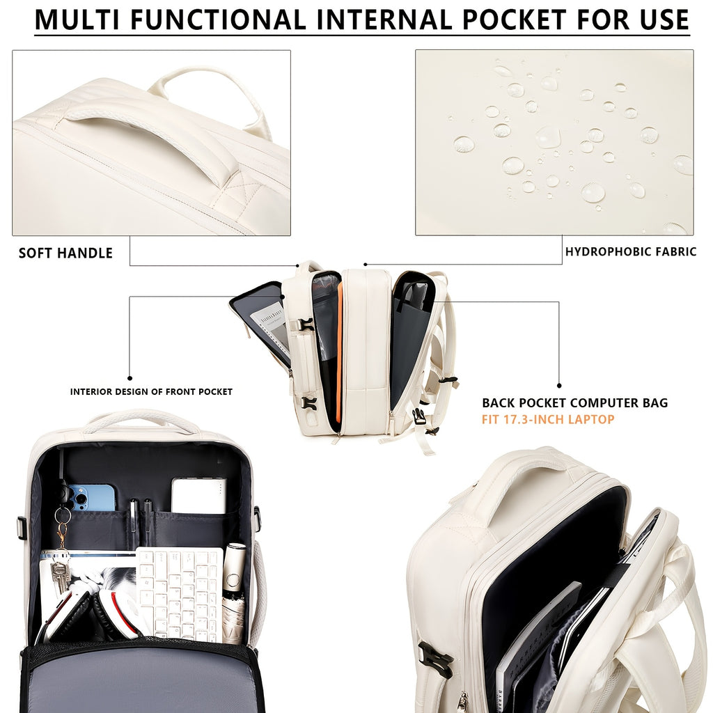 White backpack with features highlighted, including soft handle, hydrophobic fabric, and interior design.