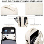 White backpack with features highlighted, including soft handle, hydrophobic fabric, and interior design.
