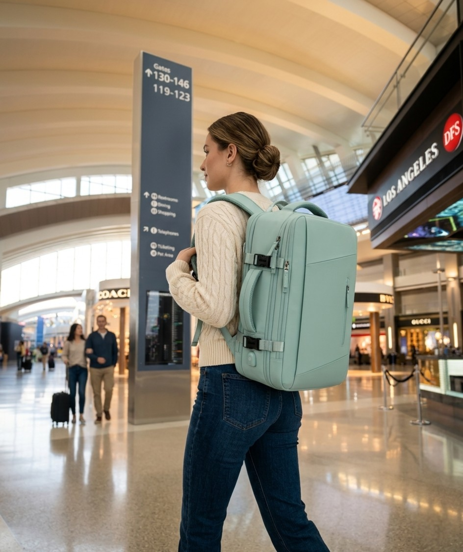 Osmika 35L weekender travel backpack — woman at airport