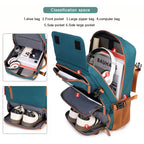 Multifunctional backpack with labeled compartments on a white background