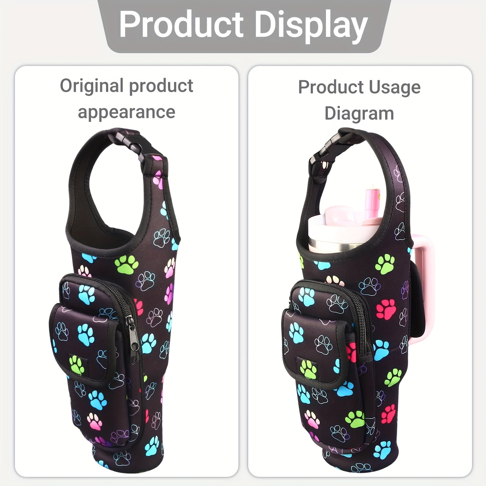 Insulated Water Bottle Sleeve for 30/40oz Cups with Handle & Multi-Pocket Design, Durable Tumbler Cover for Hiking, Travel, Picnic Accessories, Outdoor Gear for Men Women