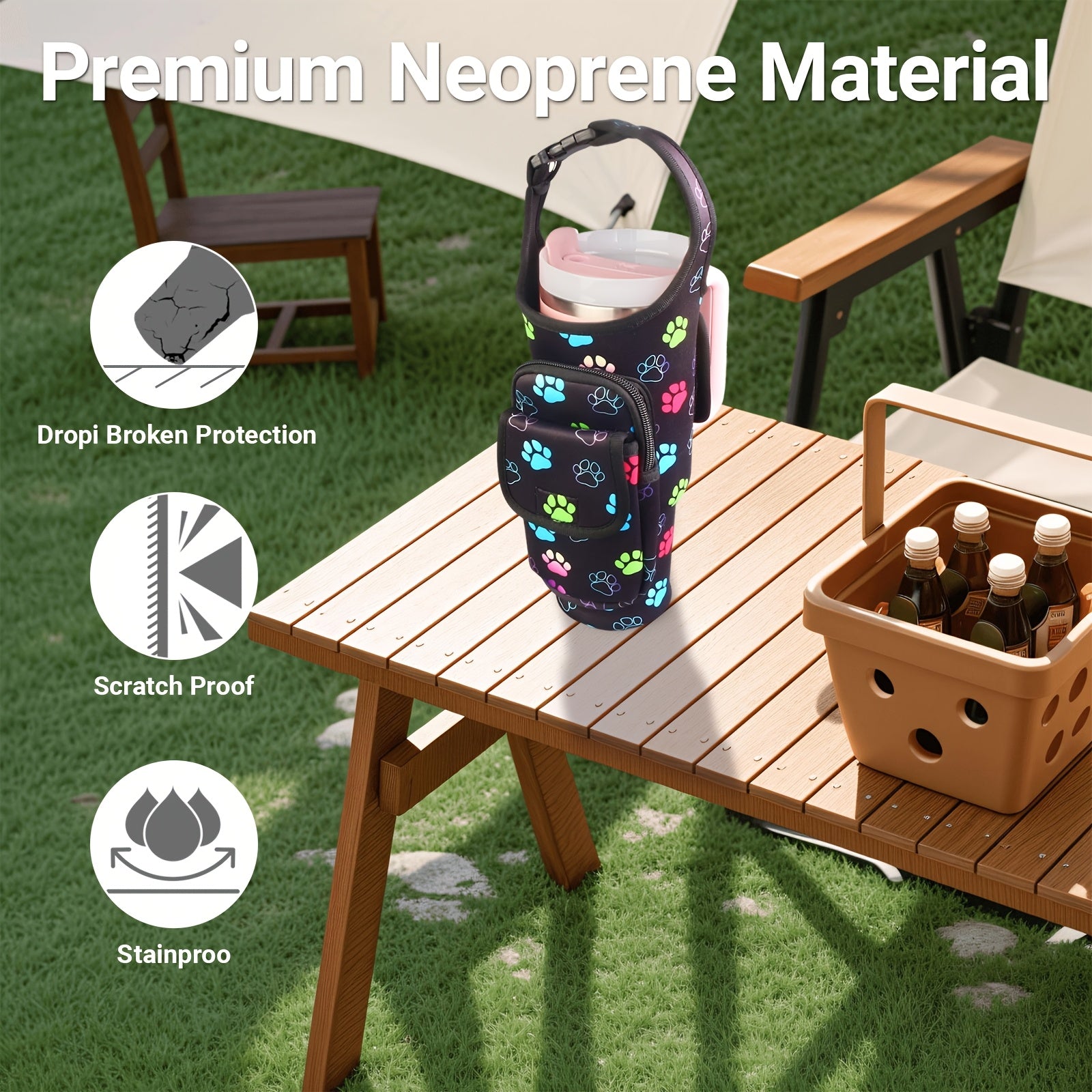 Insulated Water Bottle Sleeve for 30/40oz Cups with Handle & Multi-Pocket Design, Durable Tumbler Cover for Hiking, Travel, Picnic Accessories, Outdoor Gear for Men Women