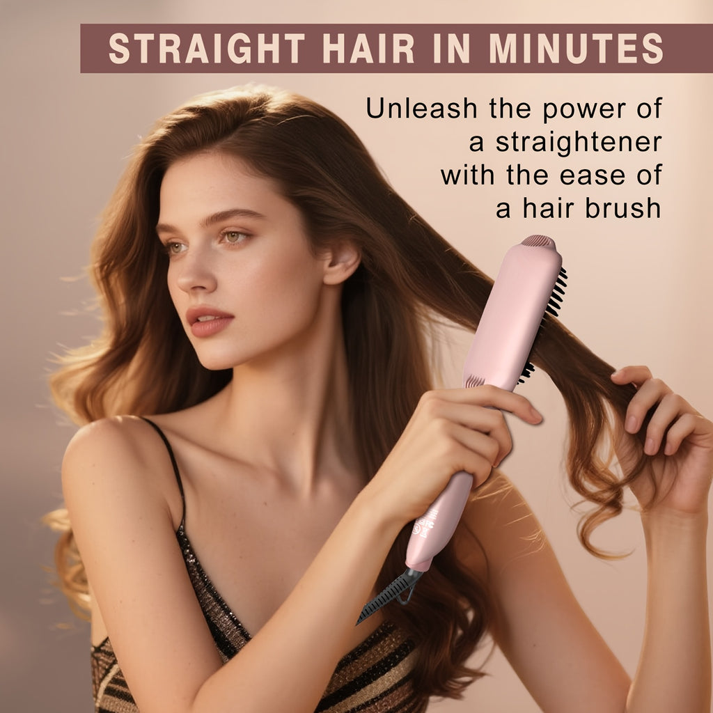 Hair Straightener Brush: Ceramic Negative Ionic Hot Brush for Straightening Smoothing Hair - Reduce Frizz 30s Fast Heating Dual Voltage