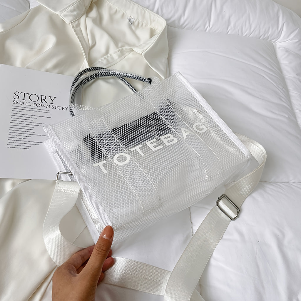 Stylish Transparent PVC Tote Bag with Crystal Detail – White Mesh Shoulder Handbag for Beach, Travel, and City Outings, City Shoulder Bag | Modern Handbag | Detachable Strap Bag