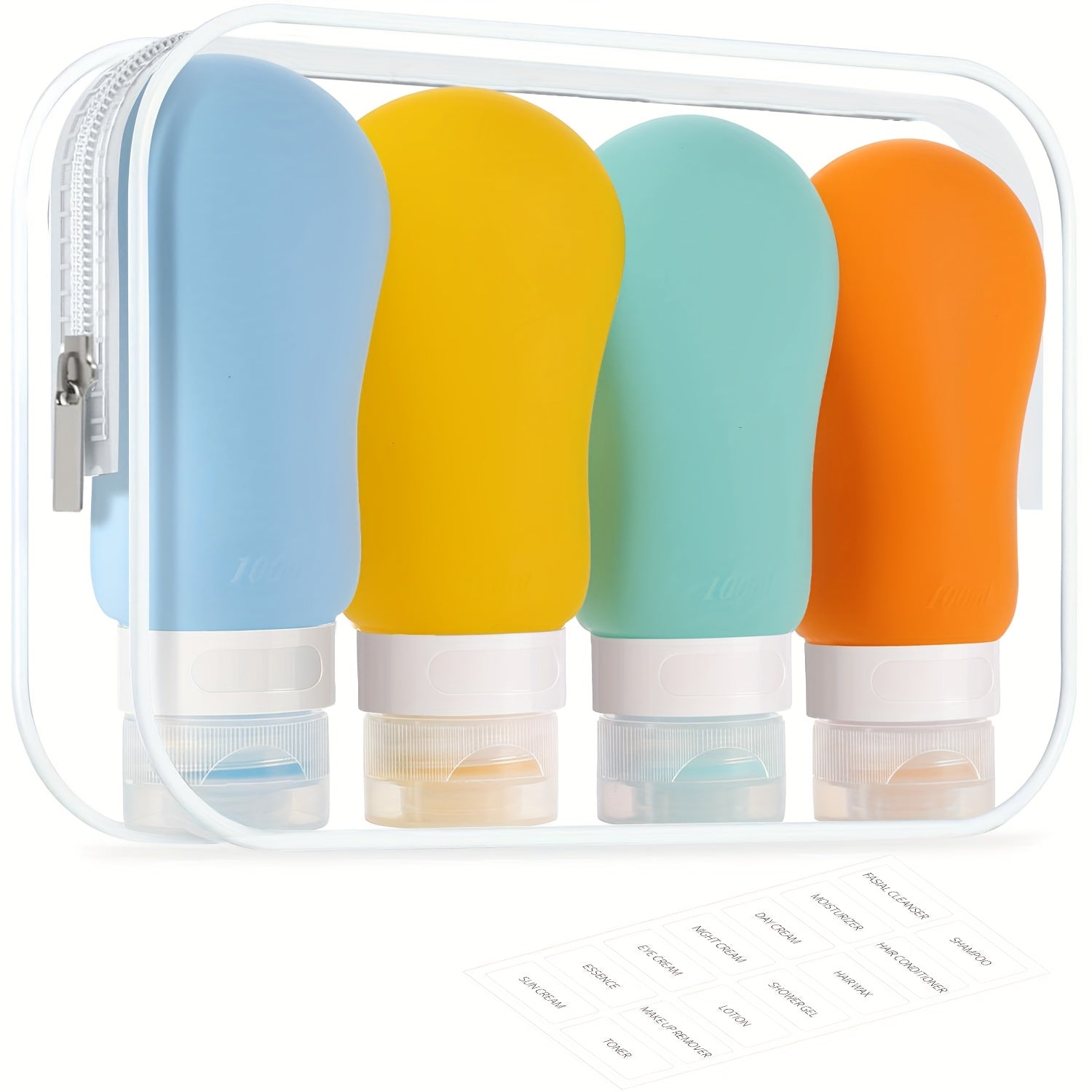 AMMAX 4 Pack Travel Bottles - BPA Free, Leak Proof, Refillable 3.3oz Tubs for Toiletries, Cosmetic Shampoo, Lotion & Soap, with Toiletry Bag