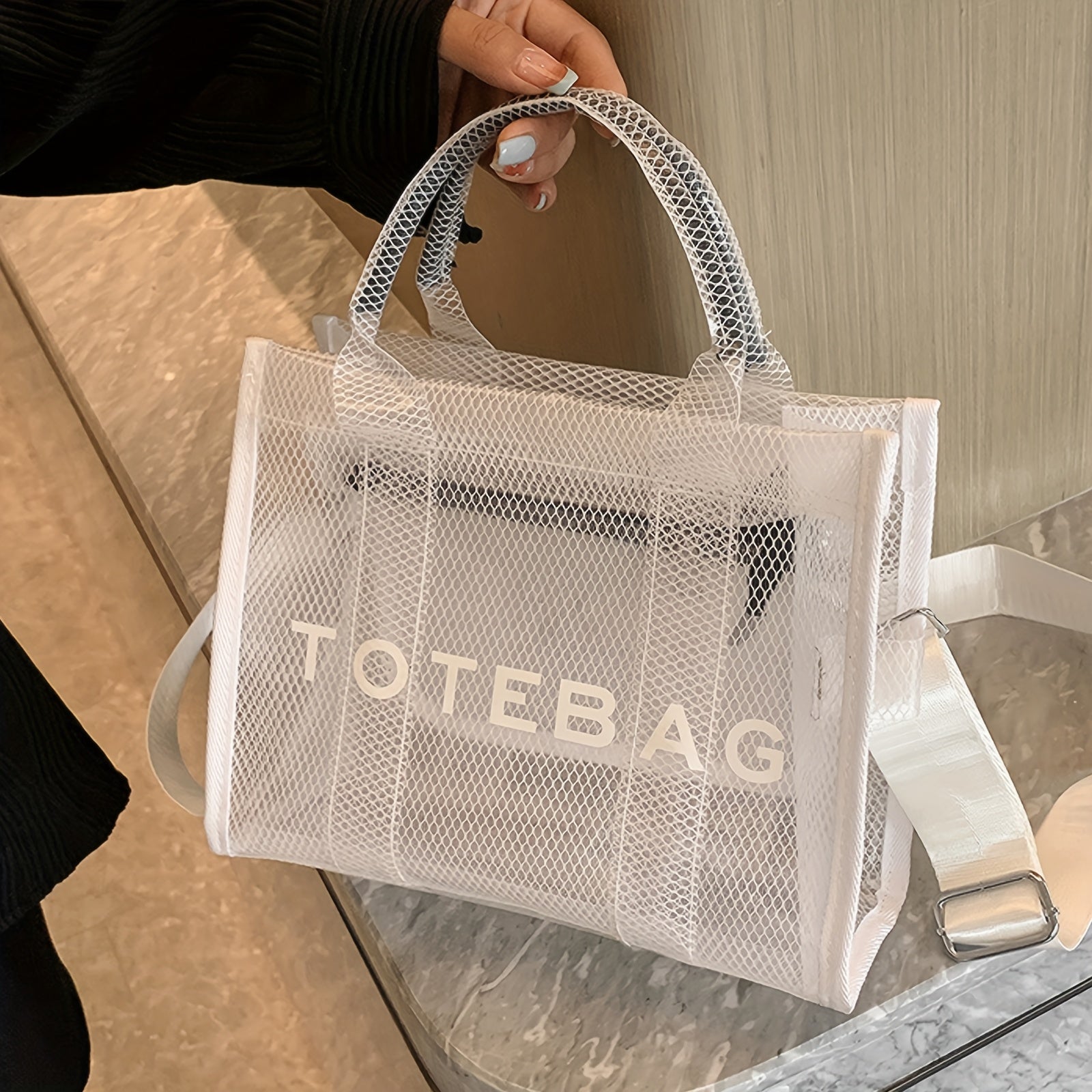 Stylish Transparent PVC Tote Bag with Crystal Detail – White Mesh Shoulder Handbag for Beach, Travel, and City Outings, City Shoulder Bag | Modern Handbag | Detachable Strap Bag