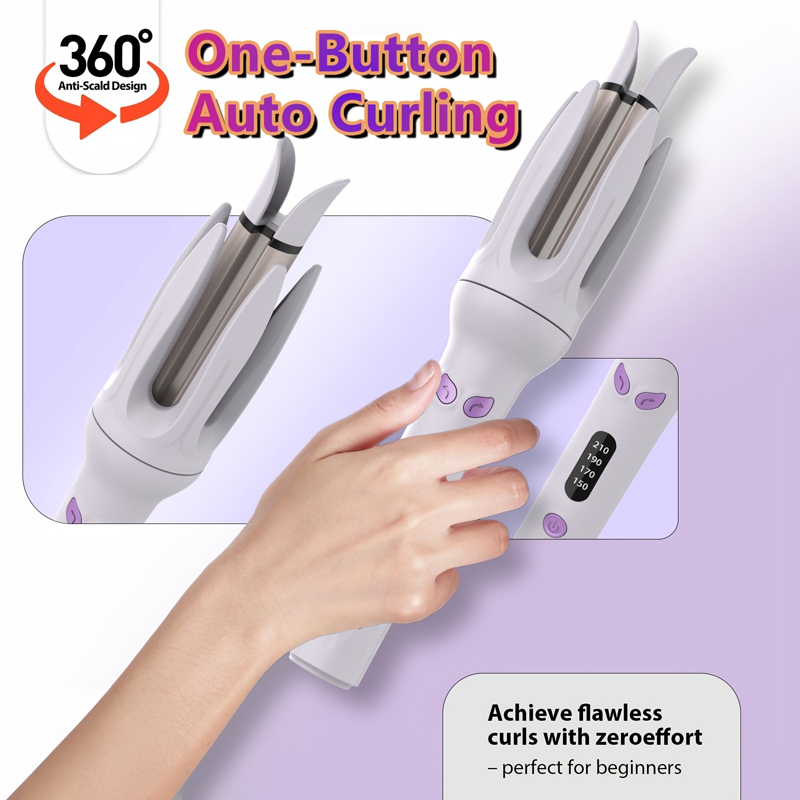 Auto Hair Curler with Rotation, 4 Heat Settings (300°-410°F) for All Hair Types, Automatic Curling Iron with Anti-Scald Shell & Dual Rotation for Beach Waves & Spiral Curls
